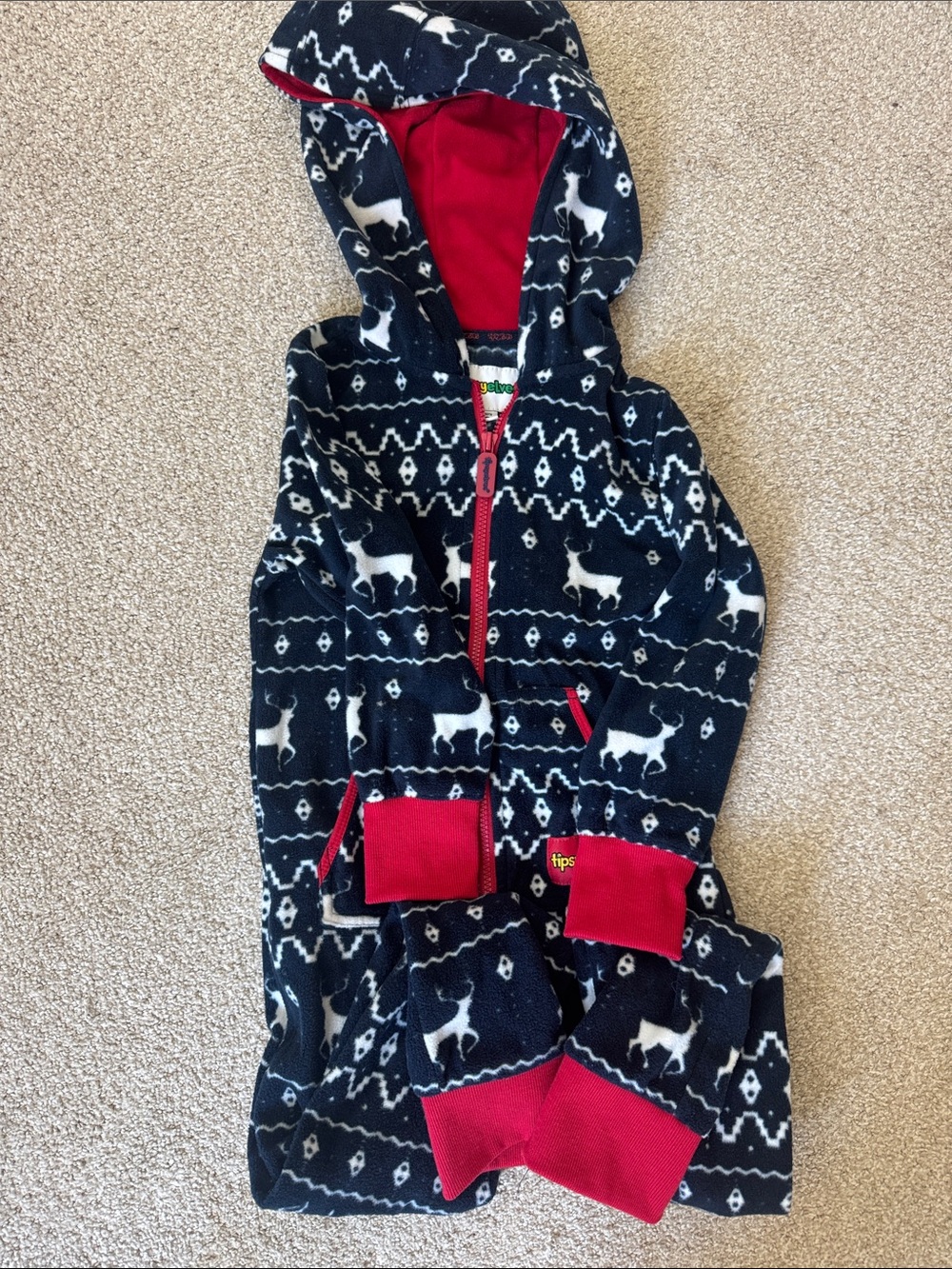 Tipsy Elves - Navy & Red Reindeer Kids Hooded Pajama Onesie